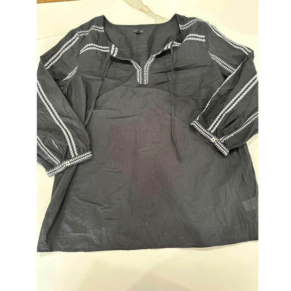 Talbots Womens L‎ Black White Embroidered Cotton Peasant Blouse 3/4 Sleeve Top